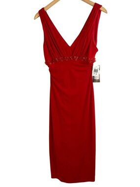 David Meister Red Beaded Waist Sleeveless Dress Size 8 Vintage Y2K USA Wedding